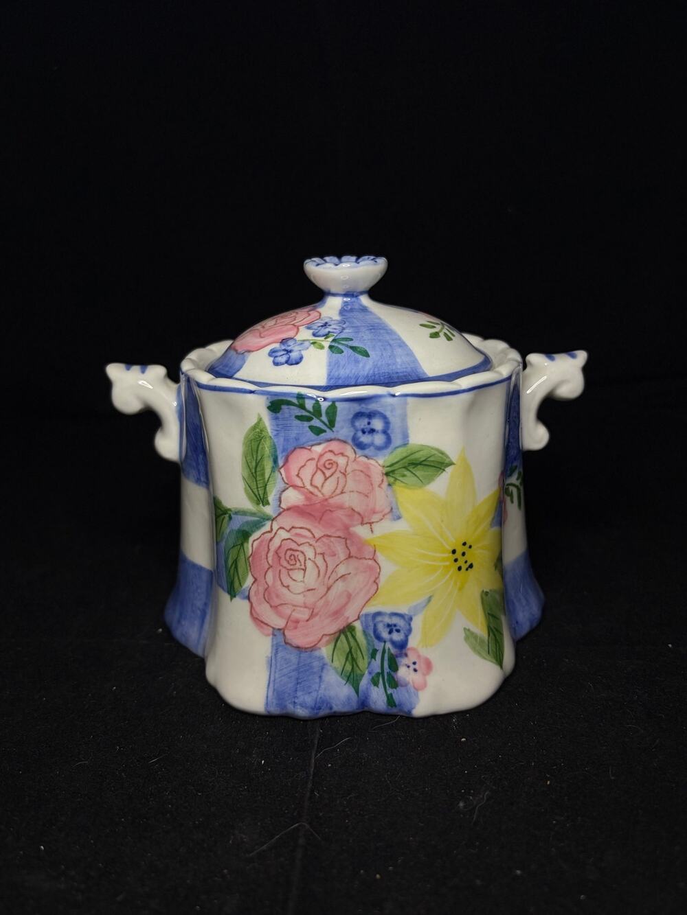Vintage Andrea By Sadak Sugar Bowl With Lid Pink Yellow & Blue 5''